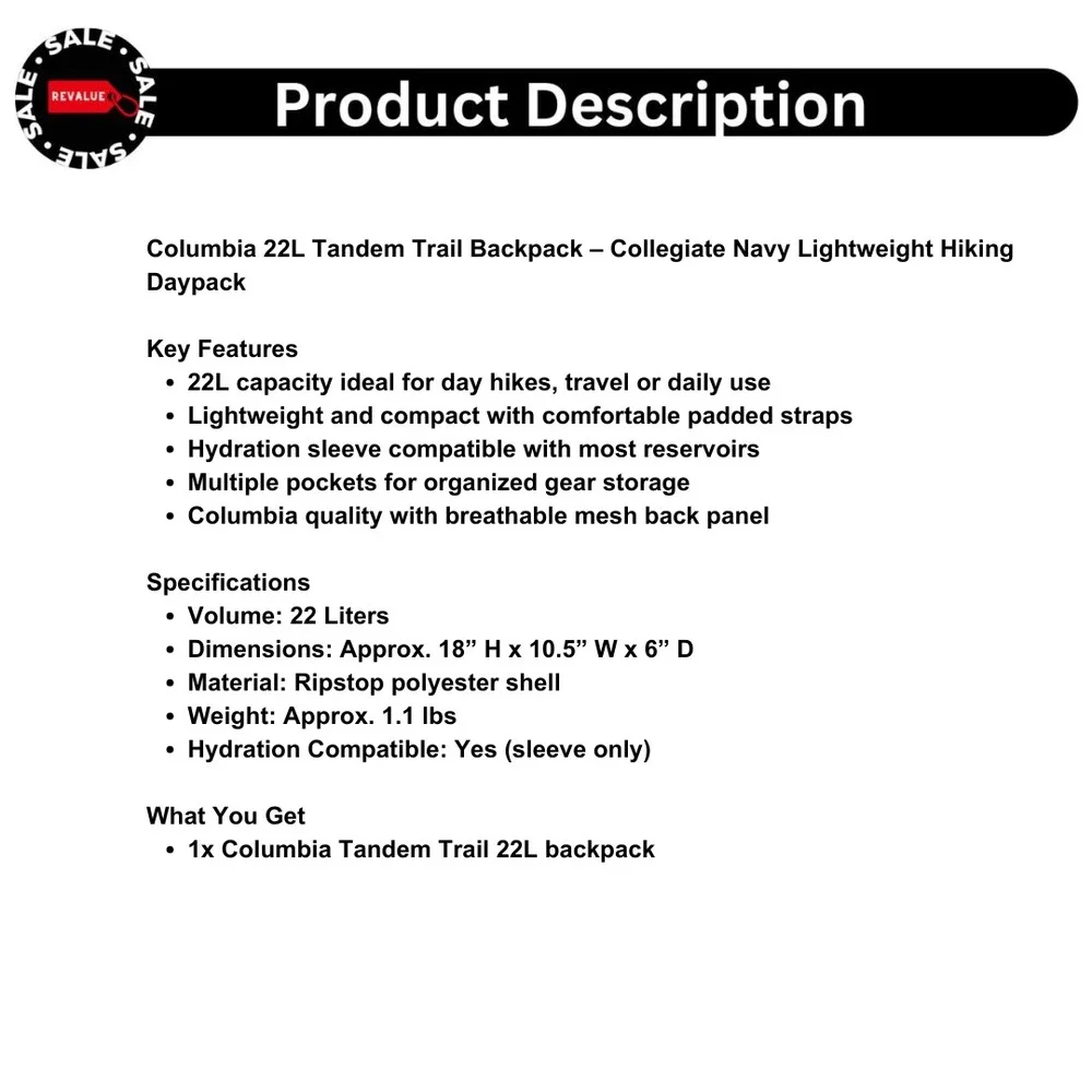 Columbia 22L Tandem Trail Backpack – Collegiate Navy Lightweight‎ Hiking Daypack